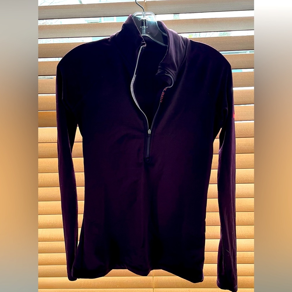 Nike dri fit, half zip, monkey sleeves, dark purple with neon pink accents.